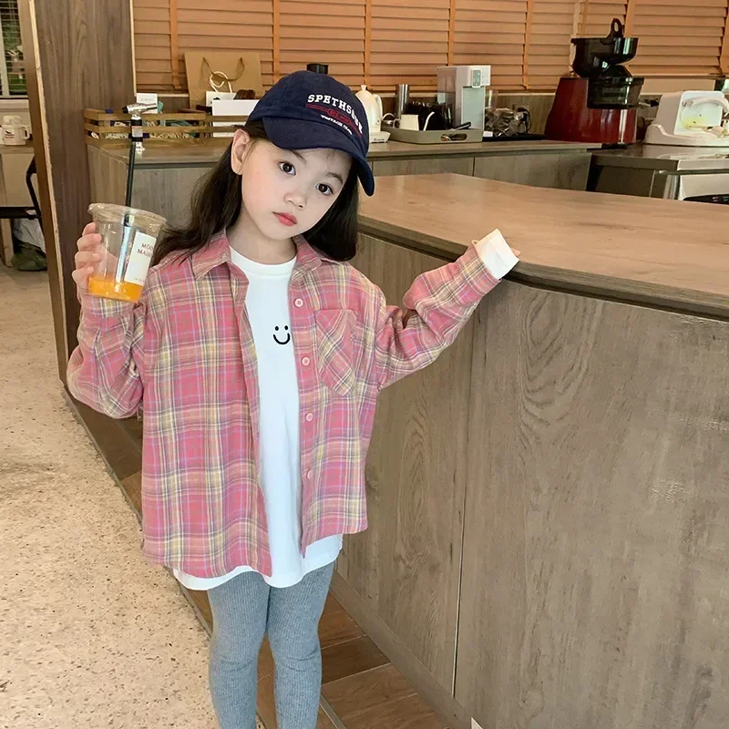 Girls Shirts 2024 Autumn New Childrens Clothing Korean Style Baby Girl Foreign Style Thin Pink Lapel Plaid Shirt Casual Simple