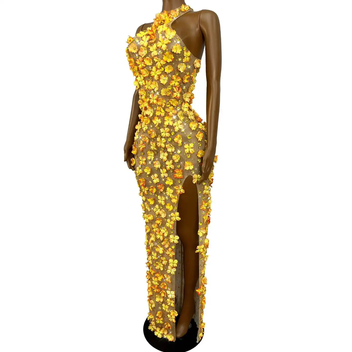 Sexy Fashion Handmade Pearls Petals Rhinestones High Split Mesh Dress Evening Party Gown Show Red Carpet Photo Shoot Stage Wear view 5