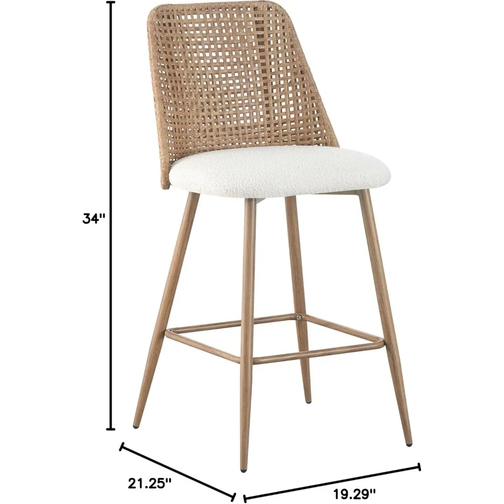 Rattan Counter Height Bar Stools, Upholstered Boucle Barstools with PE Rattan Back,Stools Armless Bar Chairs