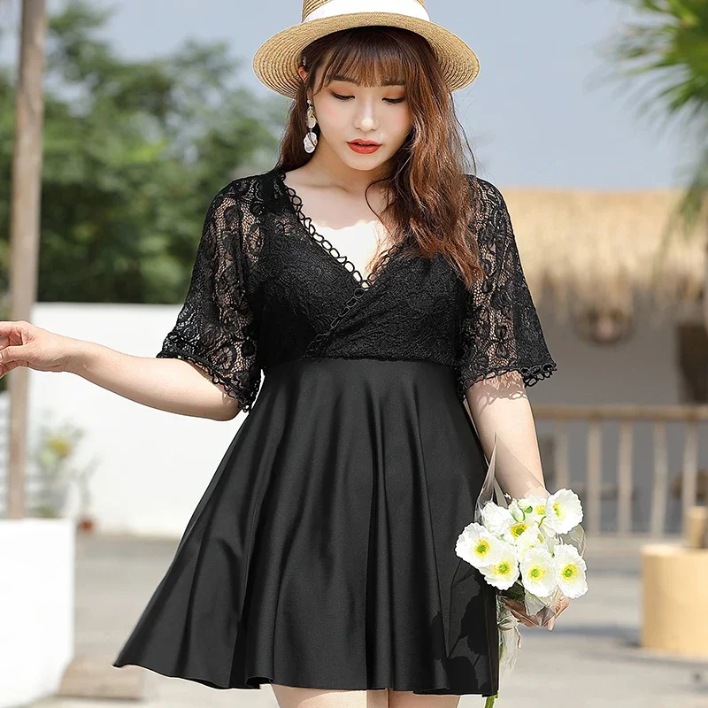 New Women's Swimwear Plus Size Bathing Suit Women One Piece Swimsuit with Underwire Push Up 7XL Short Sleeve Swimdress Black