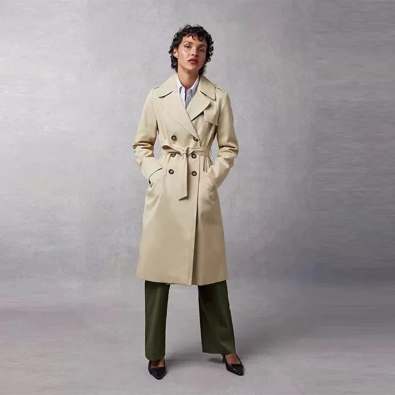 

Классическое двубортное пальто-ветровка в британском стиле с поясом, средней длины, с отложным воротником, верхняя одежда для осени и зимы