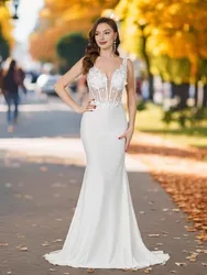 MisShow Korean Style Simple Ivory Lace Wedding Dress Sexy Illusion Waist V Backless Appliques Mermaid Sheath Wedding Gowns