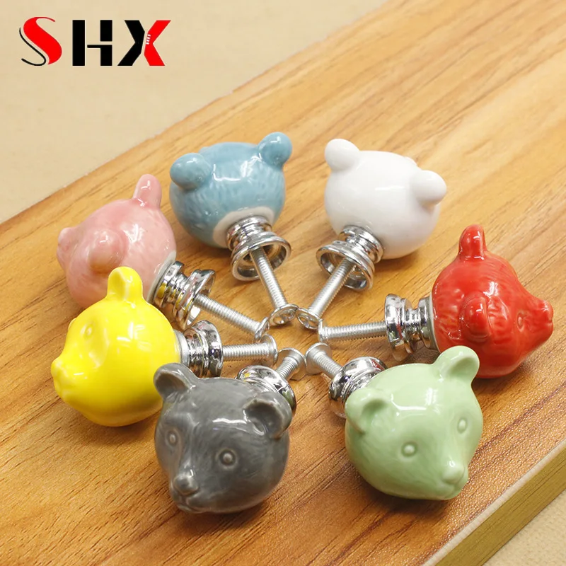 Ceramic Bear Drawer Knobs 3D Cartoon Cabinet Cupboard handles Novelty Creative 7 color Fashion Furniture Handles Hardware