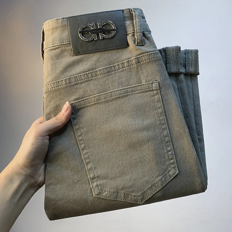 Light luxury men's jeans 2025 summer thin stretch tapered small straight leg casual versatile denim solid color pants