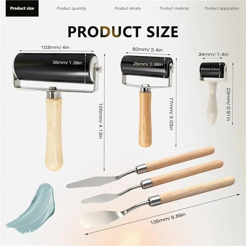 ABEZ 12 Pack Rubber Brayer Roller Kit,3 Sizes Rubber Rollers With 6 Scrapers