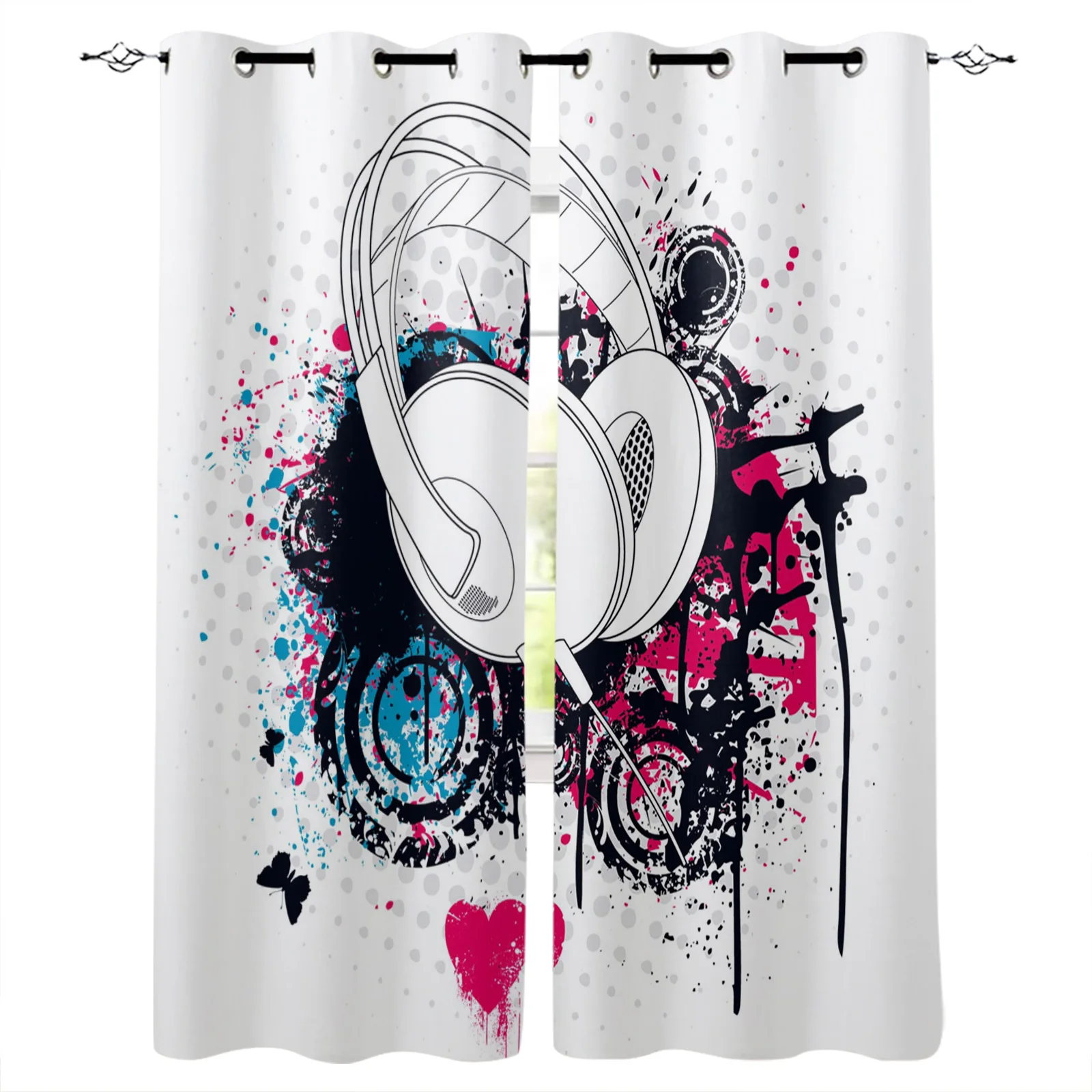 

White Headphones Music Art Print Curtains for Living Room Drapes Cortinas for Kids Boy Girl Bedroom Window Treatments