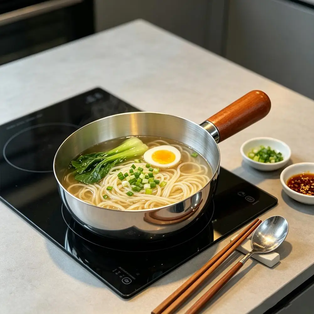Instant Noodle Pot with Lid And Wooden Handle Stainless Steel Non-Stick Coated Kitchen Pot Easy Clean Saucepan for Warming Milk