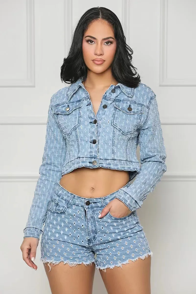 2026 Shorts Set Summer Spring Denim Jeans Bodycon Shorts Suit Female Hole Sexy 2 Pieces Outfits view 4