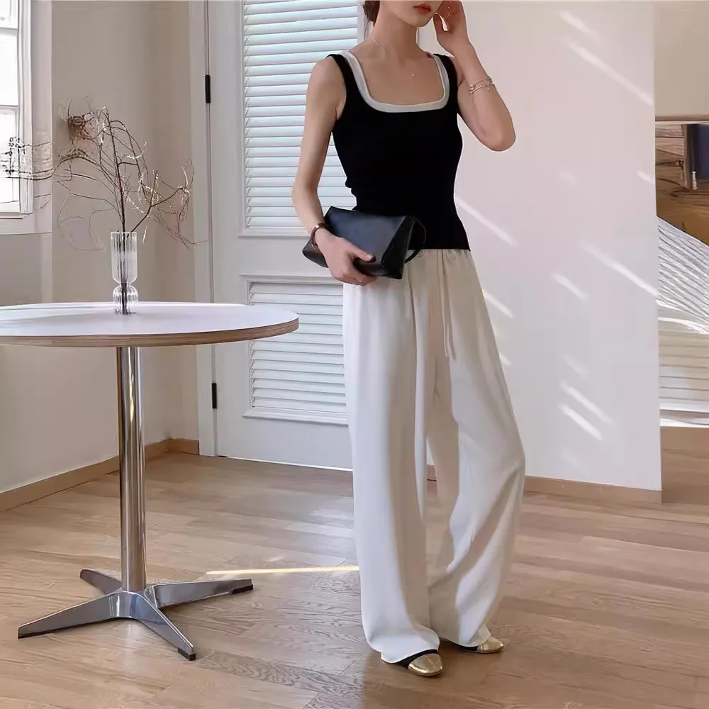 

7546 Summer French Style Black And White Color Block Layered Fake Two-Piece Square Neck Backless Knitted Camisole Top