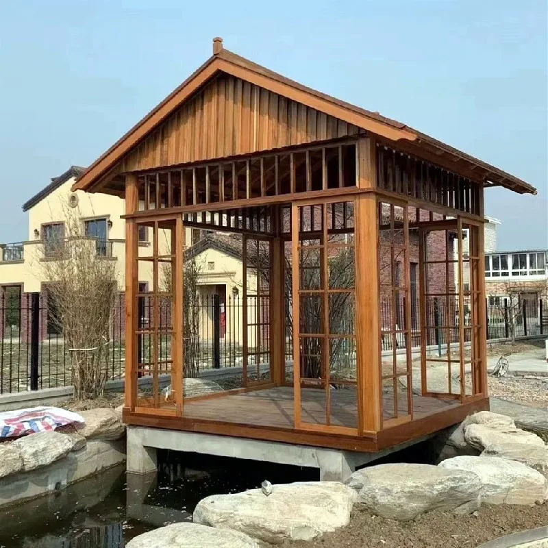 Villa de jardin antique d'extérieur, salon de thé, conservateur en bois, maison mobile simple en bois, pavillon de cour chinoise, maison japonaise