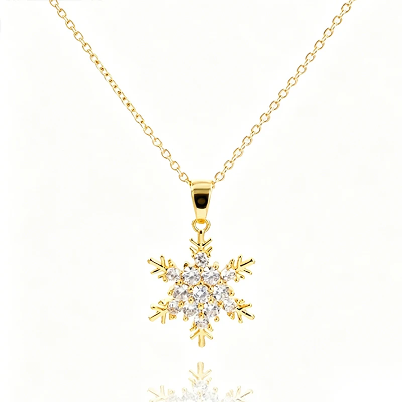 Huitan Sparkling Cubic Zirconia Snowflake Pendant Necklace for Women Gold Color Christmas Elegant Winter Festival Trendy Jewelry