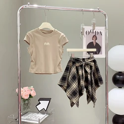 Children's Clothing Sets Monogram-printed Short-sleeved Top + Plaid Skirt 2pcs Girl Clothes for 2 To 13 Years Outfit Set