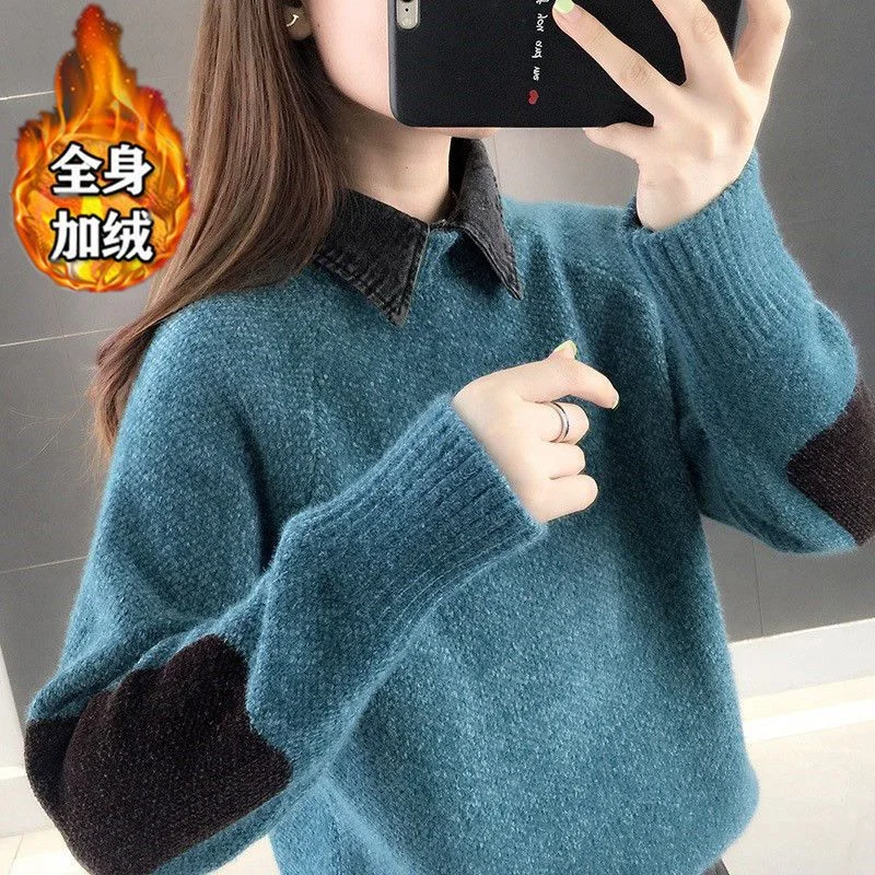 

Shenir Sweater Women Loose Overwear Base Layer Pullover Shirt Collar Fake Two Pieces Top