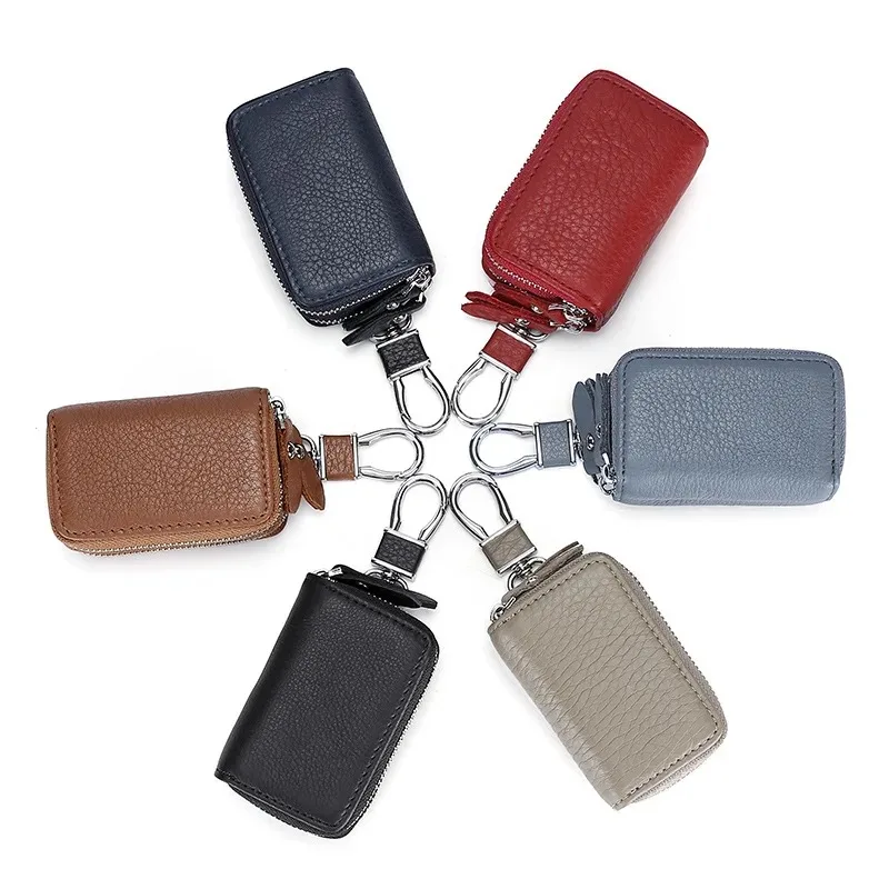 Genuine Leather Key Bag Men Fashion Vintage Mini Short Double Layer Car Household Zipper Keychain Case Waist Hanging Coin Purse