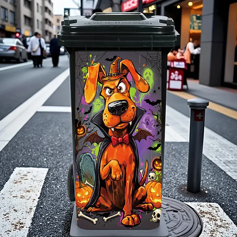American Graffiti Vampire Cape Dog Halloween Trash Can Sticker, Funny Puppy Decal, Festive Home Indoor Party Wall Decor