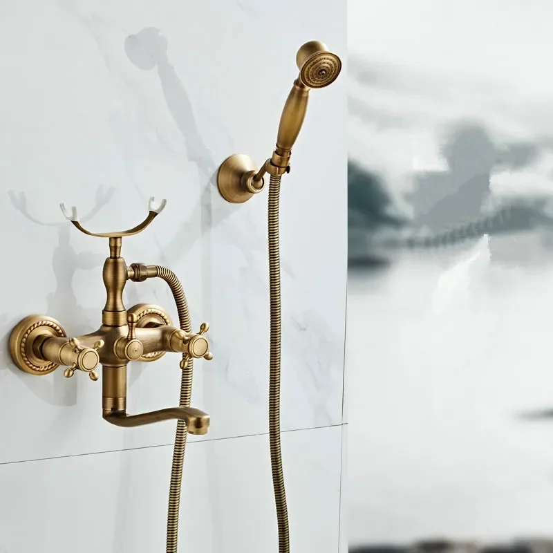 Antique Brass Bath Faucets Shower Wall Mounted Bathroom Basin Mixer Tap Crane with Hand Shower Bath Shower Faucet Set