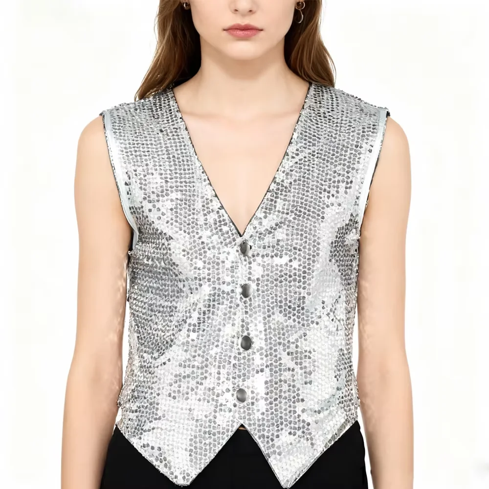 

PESENAR серебряный блестящий джазовый диско-жилет для костюмированной вечеринки, танцевального представления, ретро-тема, сценическое шоу, аксессуар для мероприятий