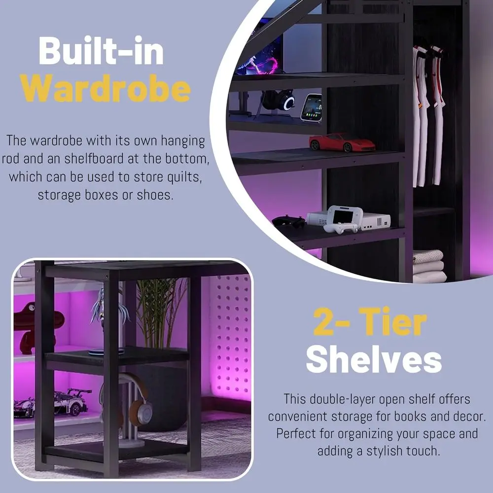 سرير علوي كامل معدني قوي مع مكتب، سلالم، خزانة ملابس، أرفف، أضواء LED، ومنافذ USB للأطفال والمراهقين والكبار باللون الأسود