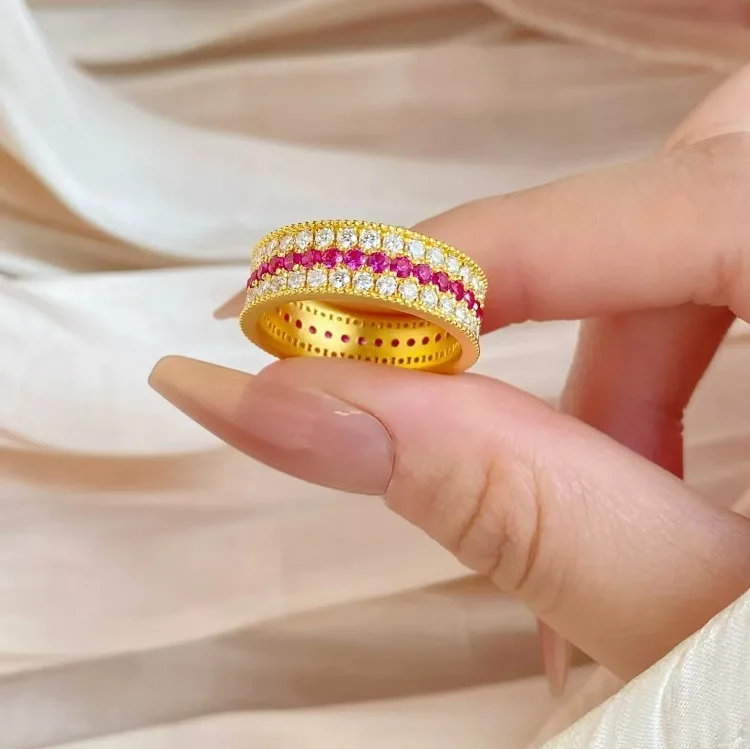 

Vintage Luxury Color Surrounded Ruby Three Row Diamond Ring Elegant High Grade Women Trendy Chic Daily Party Jewelry Wholesale