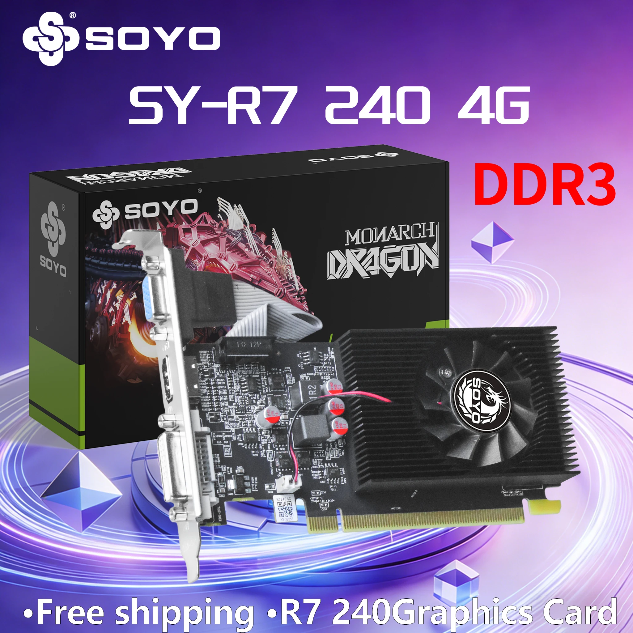 SOYO R7 240 Gaming Card DDR3 4G Placa De Video AMD Radeon Low Profile Graphics Video Card For Desktop HDMI+DVI+CRT PCIe3.0x8