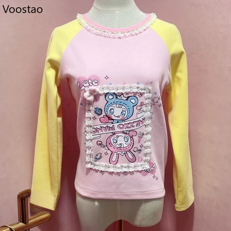 Pink Japanese Sweet Lolita T-Shirts Women Y2k Aesthetic Cartoon Bunny Bear Print Ruffles Bow Tee Casual Kawaii Grunge Fairy Tops