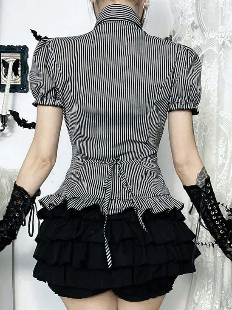 2025 Nieuwe Vintage Dark Academia Strip Shirts Vrouwen GothicY2k E-girl Kant Patchwork Ruche Zoom Bladerdeeg Mouw Blouse cosplay Outfits