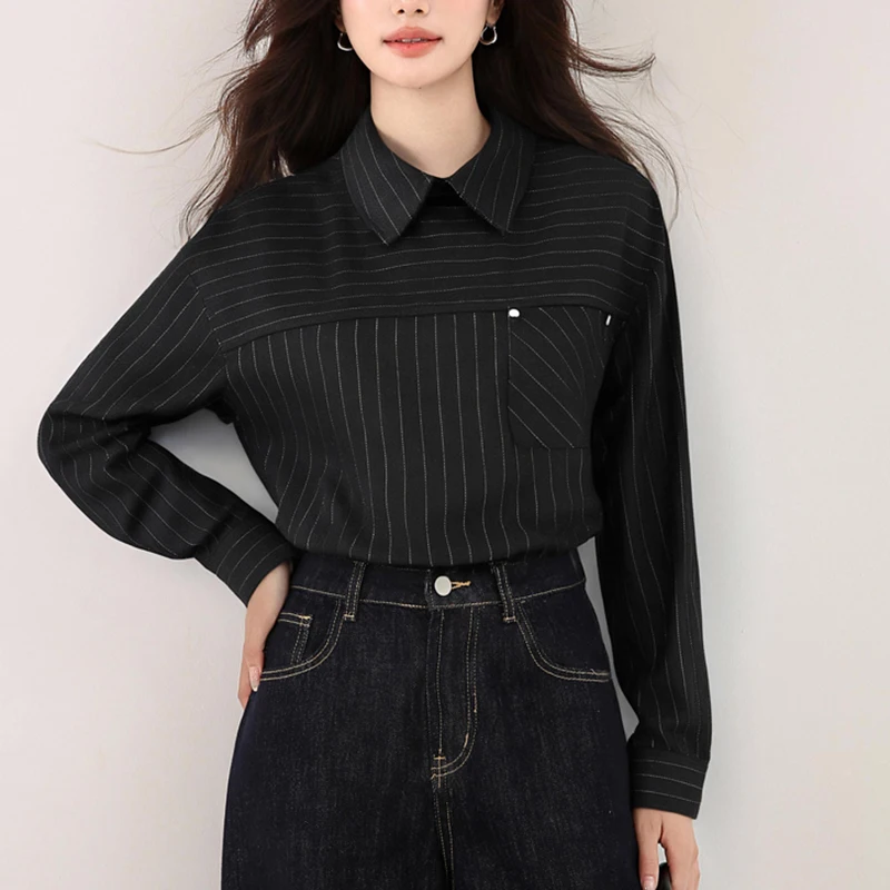 

Винтажная полосатая лоскутная рубашка с длинным рукавом, женская новинка 202, осень-зима, роскошная офисная женская элегантная блузка, женские черные рубашки