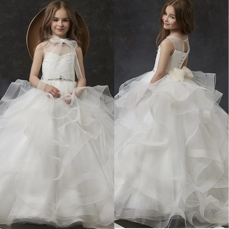 

Elegant White High Neck Flower Girl Dresses For Wedding Lace Appliques Cap Sleeves Princess Formal Party First Communion Gowns