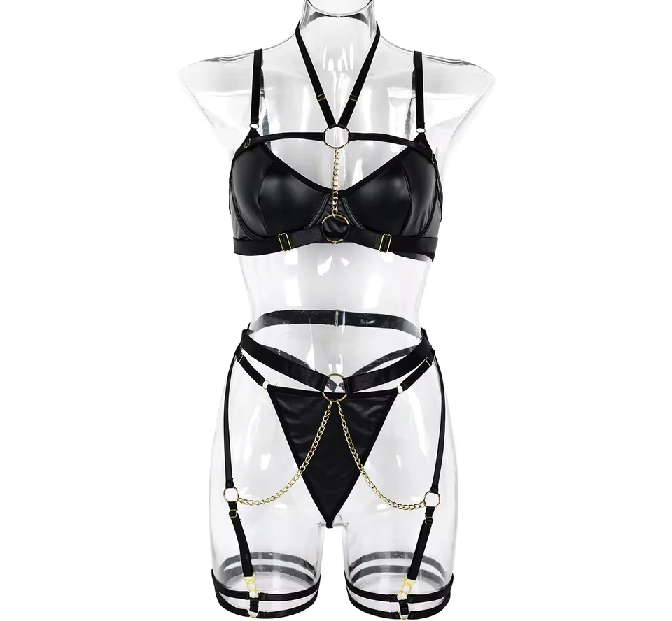 Sexy Erotic Womens Halter Chained 3 Piece Set Sensual Mesh Patchwork Alluring Attractive Breathable Exquisite Lingerie Set