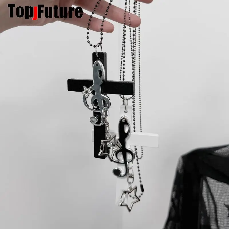 Gothic Lolita Y2K Girl Harajuku Women Subculture Old-School Cross Note Versatile Sweater Chain Hanging Chain Necklace