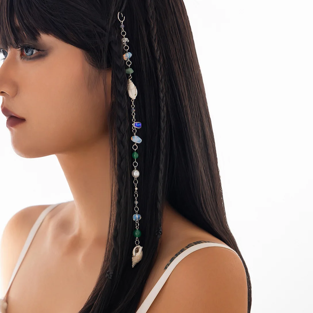 Süße Kühle Wind Unregelmäßige Lange Kette Stein Perle Legierung Geflecht Haar Ring frauen Haar Ring Conch Perle Anhänger Haar Zubehör geschenk