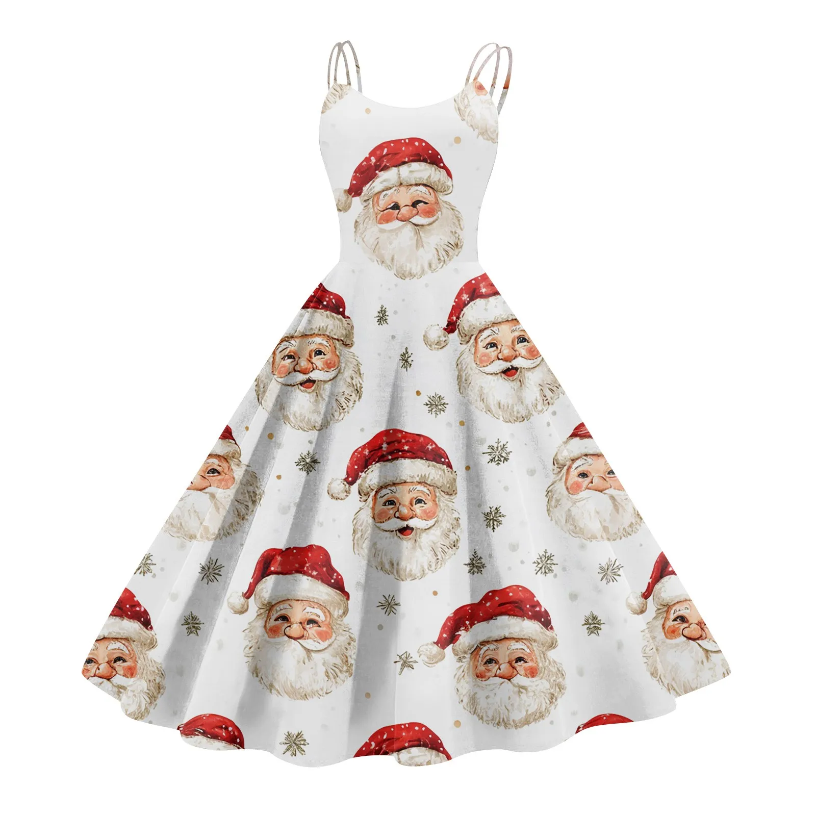 Women Christmas Costumes Vintage Holiday Party Snowflake Santa Claus Print Sexy Spaghetti Strap Dress New Year Female Dress