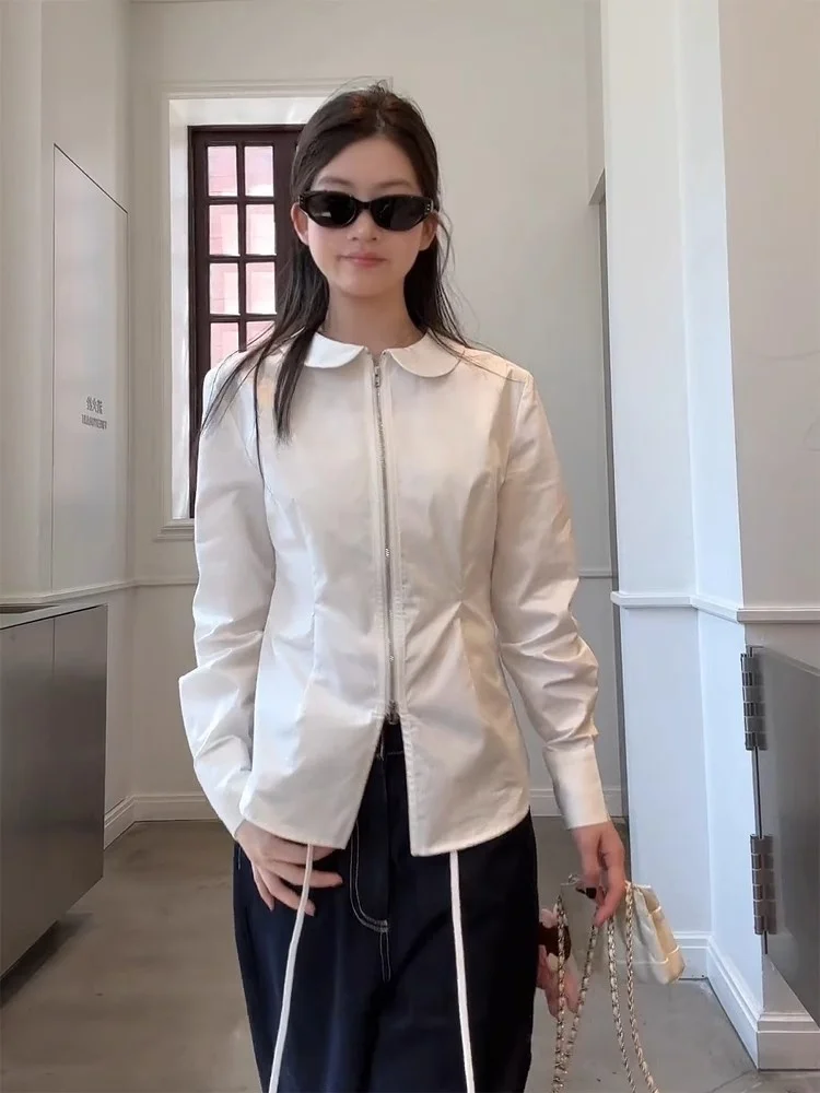 

Korean Sle Sweet Cool Doll Collar Long Sve Double Zipper Women's irt Slim Fit Spring Summer New Faion Waist Cinched ...