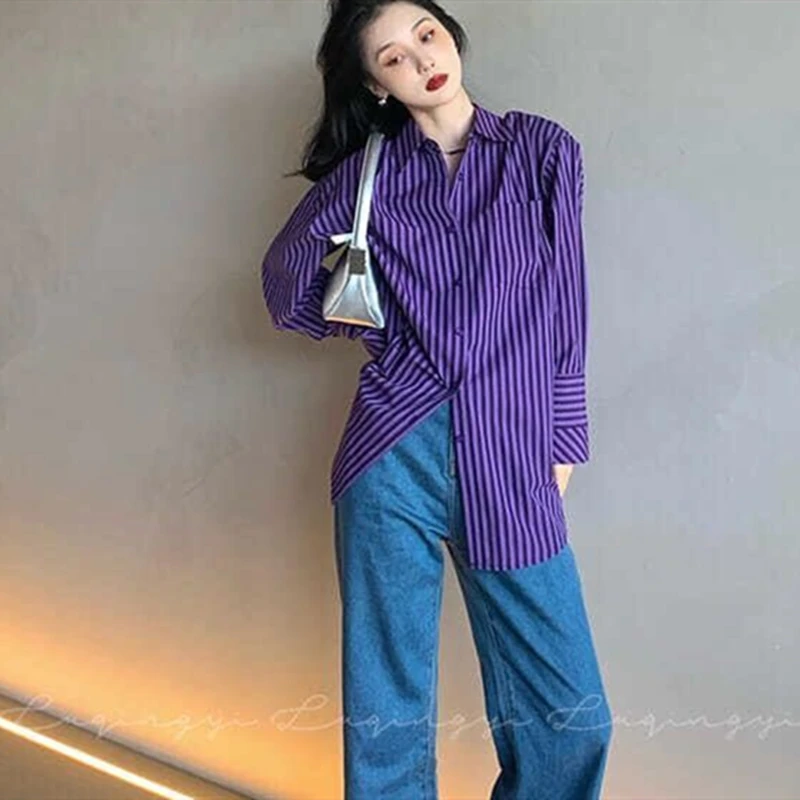 Sexy Women\'s Streetwear Vintage Striped Long Sleeve Shirt Female All-match Casual Buttons Turn-down Collar Purple Loose Blouse