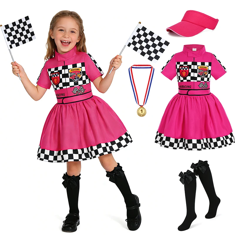 

Детские розовые костюмы гонщиков для девочек, наряды для ролевых игр, костюмы для Хэллоуина, карнавала, вечеринок, детские костюмы