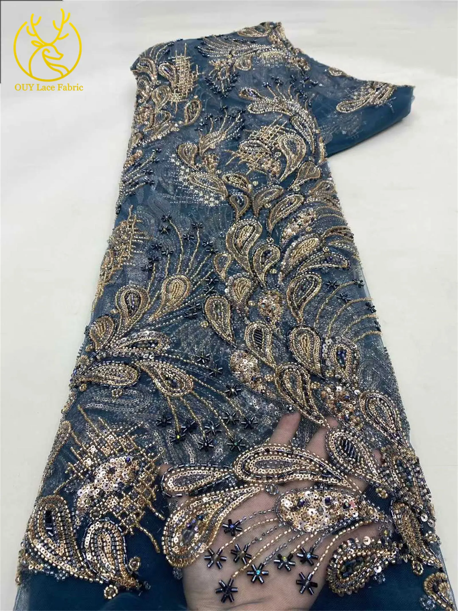 Tessuto di pizzo da sposa ricamato con perline africane di lusso Sposo Tessuto di pizzo francese nigeriano con paillettes a rete Abito da festa da donna cucito