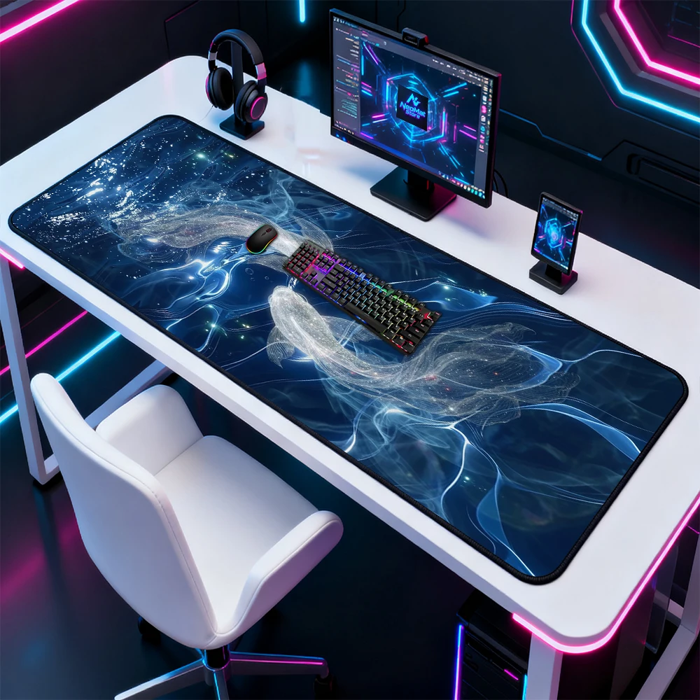 Starry Ocean Desk Mat Fish Gaming Full Desk Pad 1400x600 Luminous Playmat Mousepad Koi Deskmat Cosmic Mouse Mat Desk Accessories