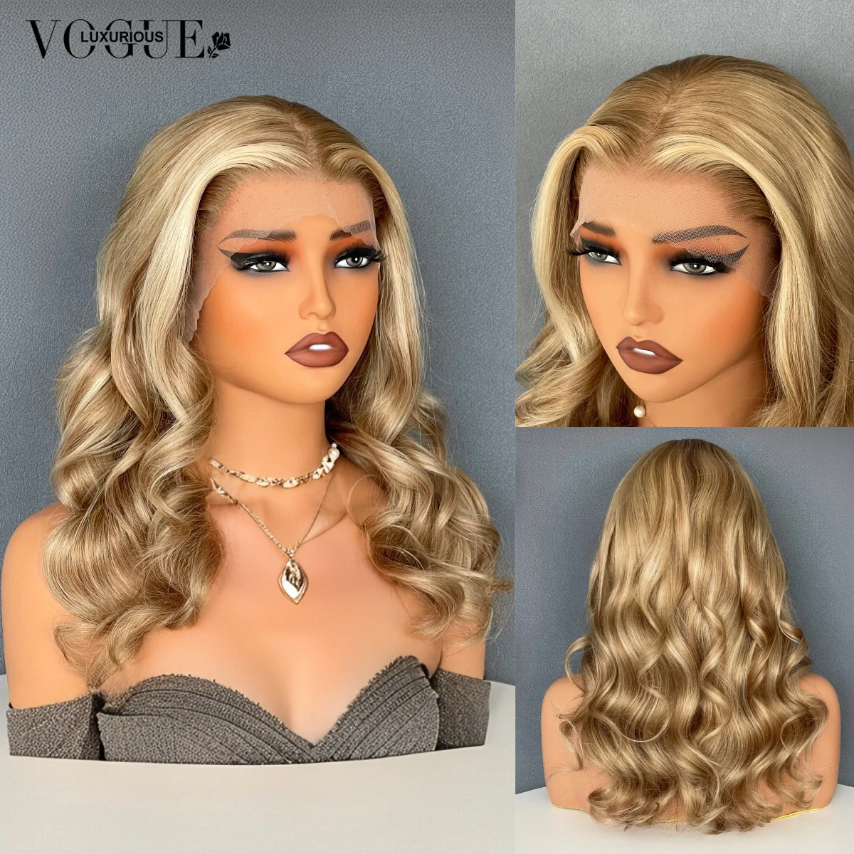 LUX VOGUE تسليط الضوء على ضباب الذهب Balayage اللون Beachy موجات 100% عذراء شعر مستعار 190% الكثافة 13x6 ترقية عارية اللون الدانتيل الباروكات
