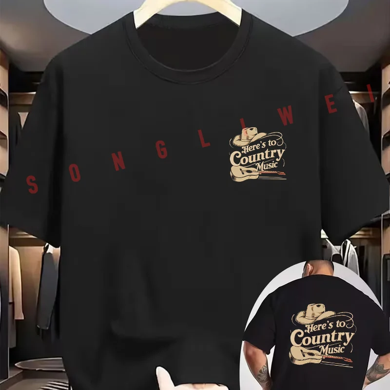 Country Music Cowboy Hat And Guitar Graphic Motorcycle T-Shirt Double-Sided Print Men's Summer Short Sleeve O-Neck Casual Tops