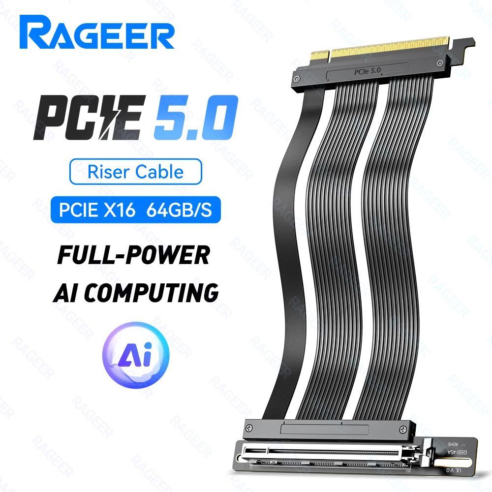 

RAGEER PCIe 5.0 X16 Riser Cable 64Gbps for 50/40/30 Series, Compatible 4.0/3.0, for Vertical installation GPU 180° to 90°