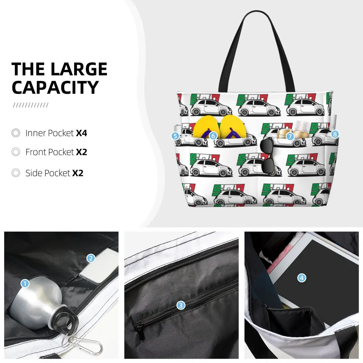 Fiat 500 Abarth Beach Tote Bag Sport Palestra Yoga Borsone Borsa tote grande Borsa da viaggio da donna Borsa fitness