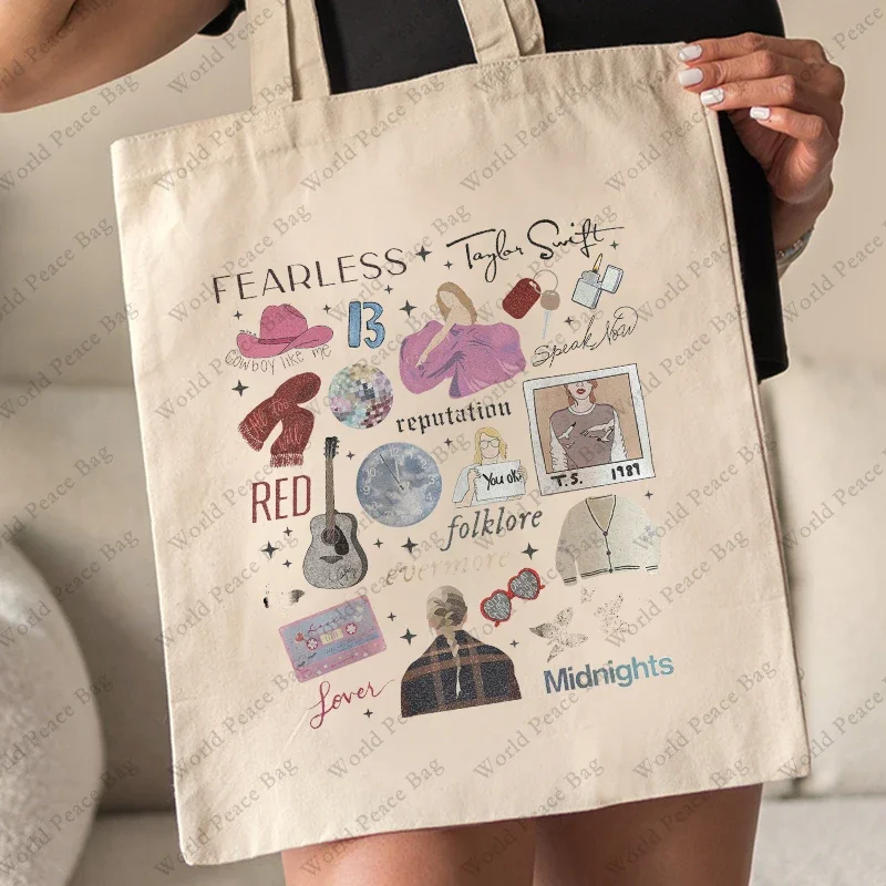 1 Pc Fearless Album Songs Pattern Tote Bag Swiftie Merch Canvas Shoulder Bag for Daily Commute Women\'s Reusable Shopping Bag