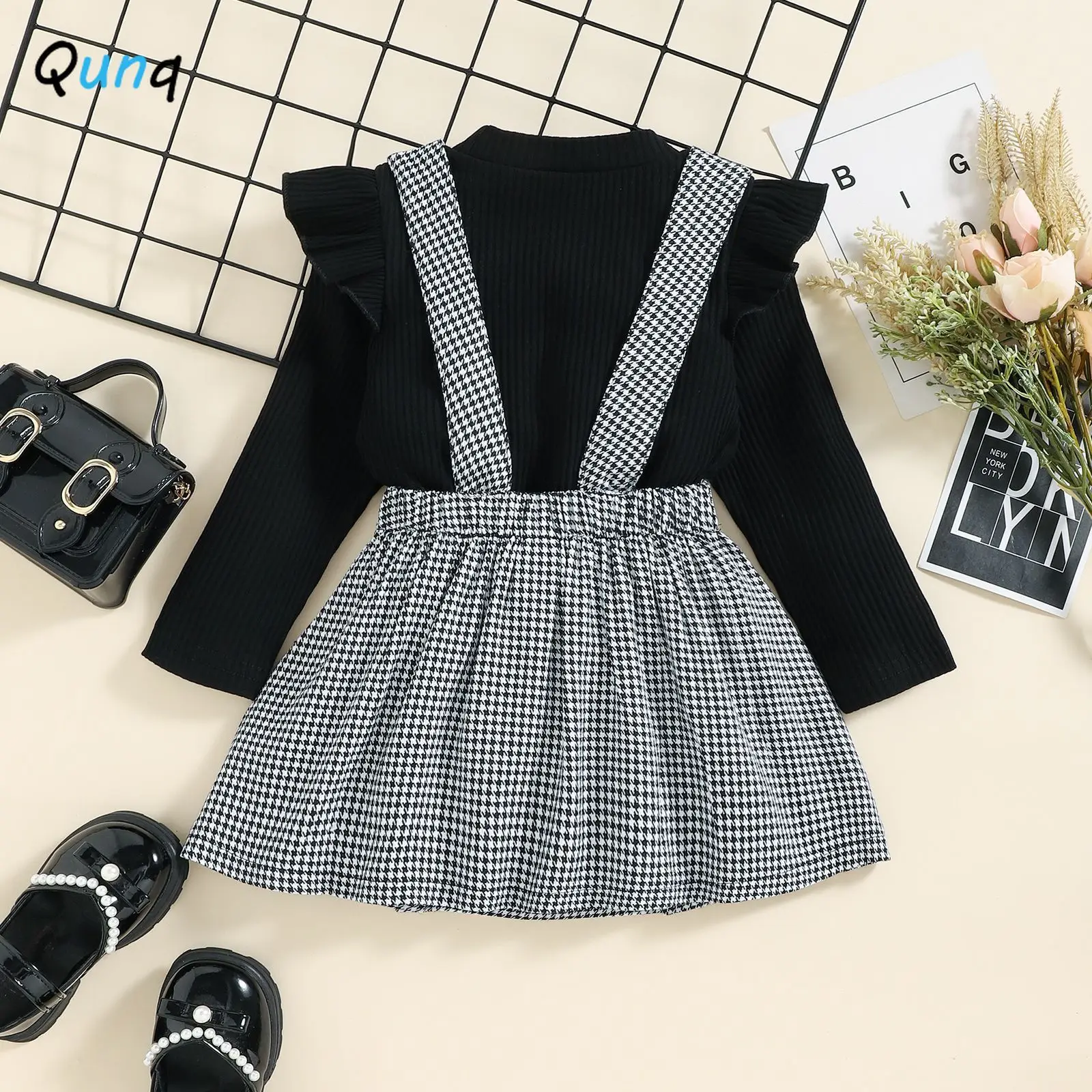 Qunq Autumn New Girls Long Sleeve Pullover Top + Thousand-bird Plaid Suspender Dress 2 Pieces Set Causal Kids Clothes Age 3T-8T