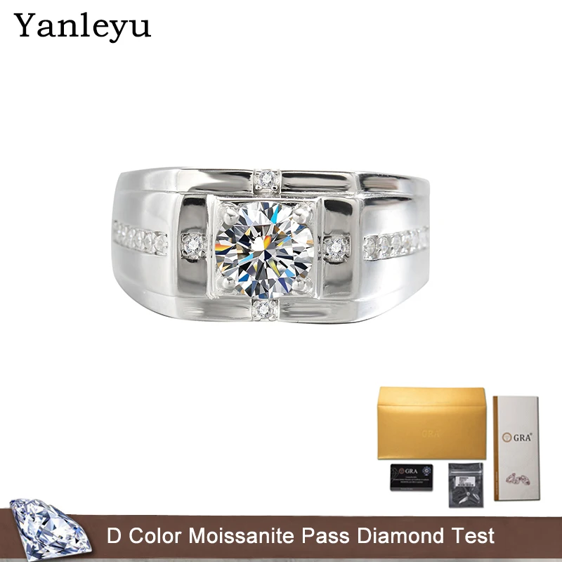 

Yanleyu Luxury Men's Wedding Ring Real Platinum PT950 Fine Jewelry D Color 1 Carat Moissanite Dimaond Engagement Ring Gift