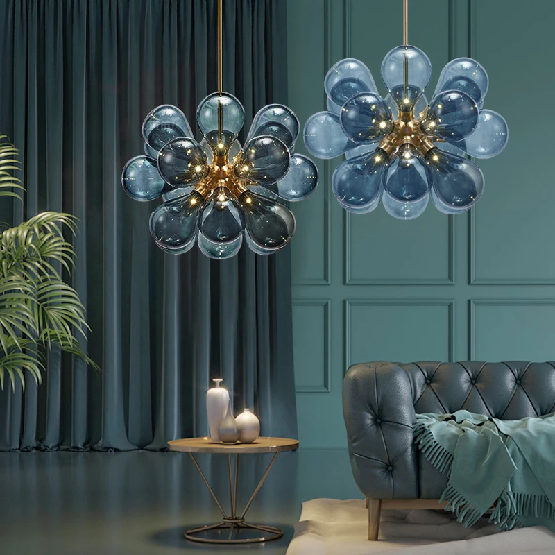 Postmodernistyczna szklana lampa w kształcie bańki żyrandol LED fioletowa balon lampa do salonu Loft dekoracja sypialni designerska lampa wisząca