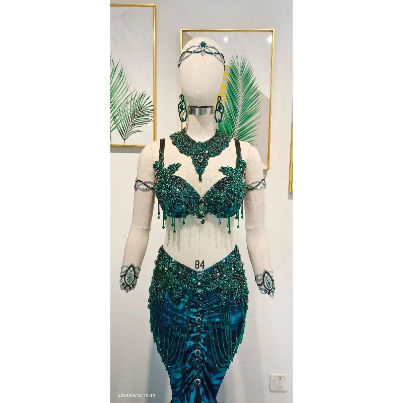 Customized Belly Dancewear Rhinestone Accessories Group Stage Suit Performance Costume Belly Dancing Bra Tassel Split Skirt Set