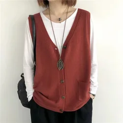 Knitted Vests Top For Women Casual Single-Breasted Knitwear Cardigan Tank Sweater Female Solid Sleeveless 2024 Fashion