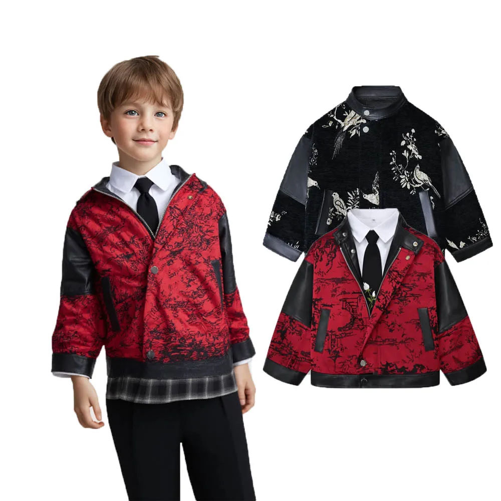 Boys New Year Red Embroidery Motorcycle Pu Leather Jacket Kids Waterproof Windproof Coat Kids Formal Christmas Photography Wear