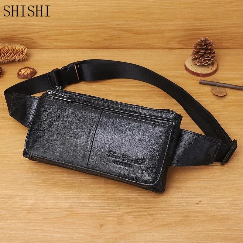 

Luxury Genuine Leather Hip Bum for Men Travel Casual Cell Phone Waist Chest Pack Male Belt Bag