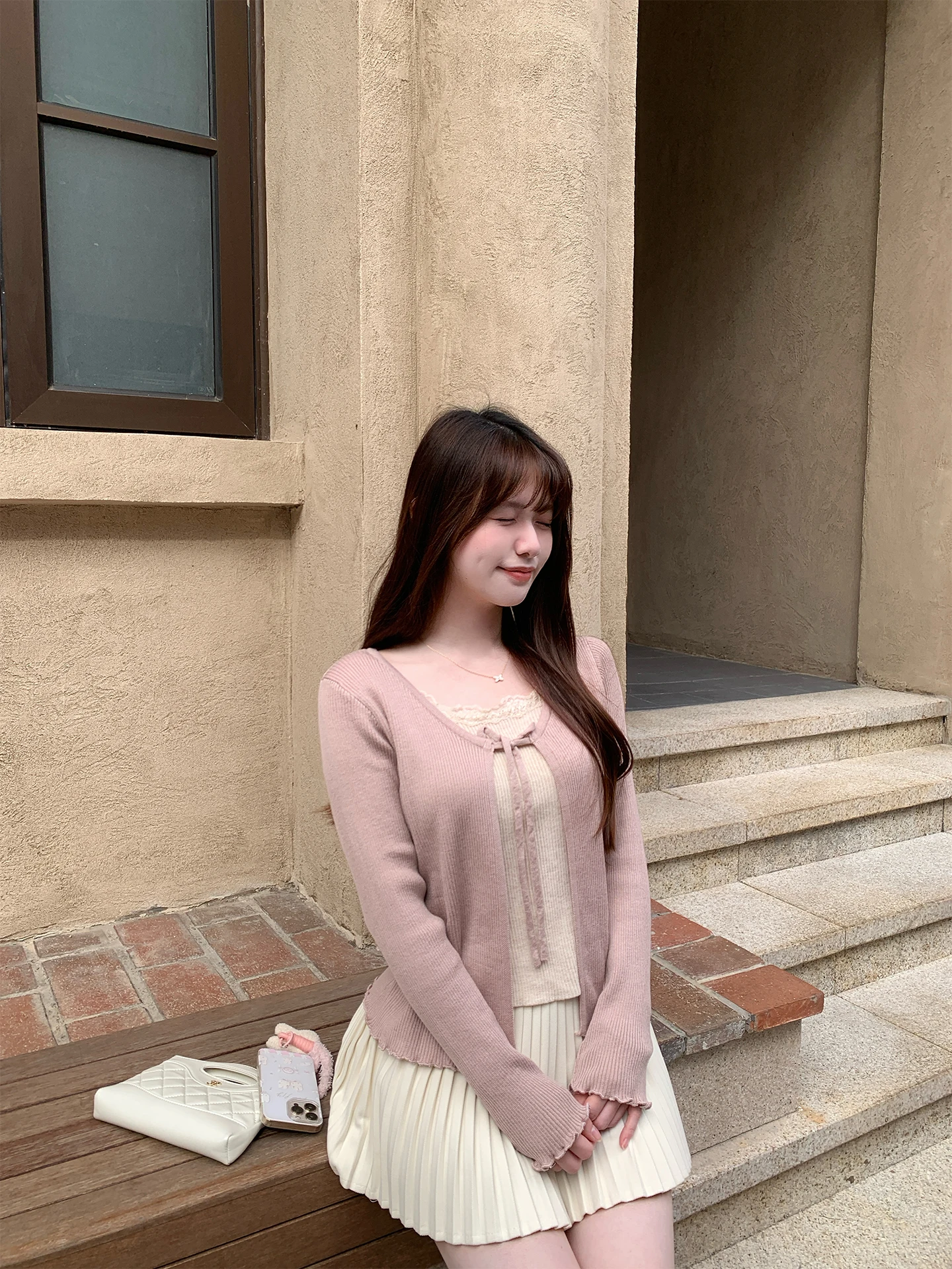 

ne Lace Trim Knitted Cardigan Women's Long Sve Inner Wear Design Sensation Wooden Ear Long Sve Knitted Top